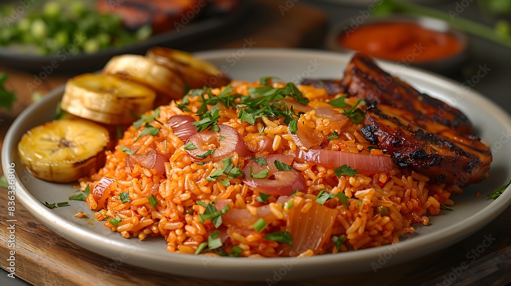 A close-up view of a plate of jollof rice, featuring vibrant orange-red rice cooked with tomatoes, onions, and spices, garnished with fresh parsley. A close-up view of a plate of jollof rice, featuring vibrant orange-red rice cooked with tomatoes, onions, and spices, garnished with fresh parsley.