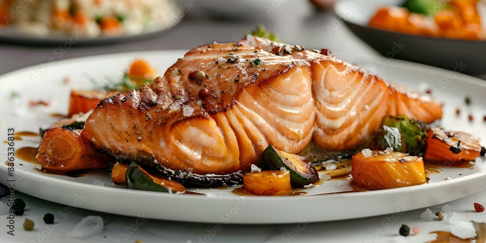 Deliciously Seared Salmon on a Bed of Crispy Vegetables A Hearty Delight. Concept Salmon Recipes, Vegetable Pairing, Seared Delights, Hearty Meals, Delicious Cuisine Deliciously Seared Salmon on a Bed of Crispy Vegetables A Hearty Delight. Concept Salmon Recipes, Vegetable Pairing, Seared Delights, Hearty Meals, Delicious Cuisine