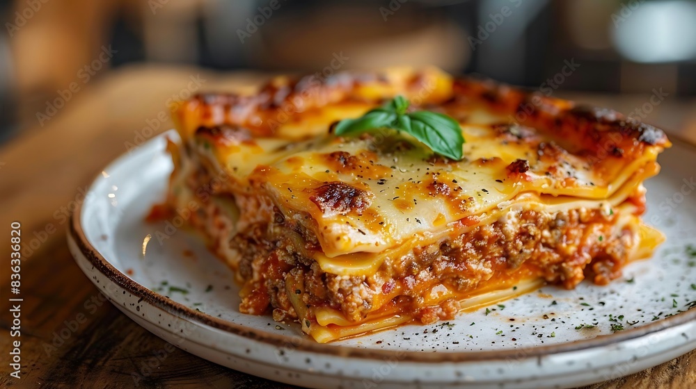 A close-up view of a slice of classic Italian lasagna, featuring layers of pasta, rich meat sauce, creamy béchamel, and melted cheese, garnished with fresh basil leaves. A close-up view of a slice of classic Italian lasagna, featuring layers of pasta, rich meat sauce, creamy béchamel, and melted cheese, garnished with fresh basil leaves.