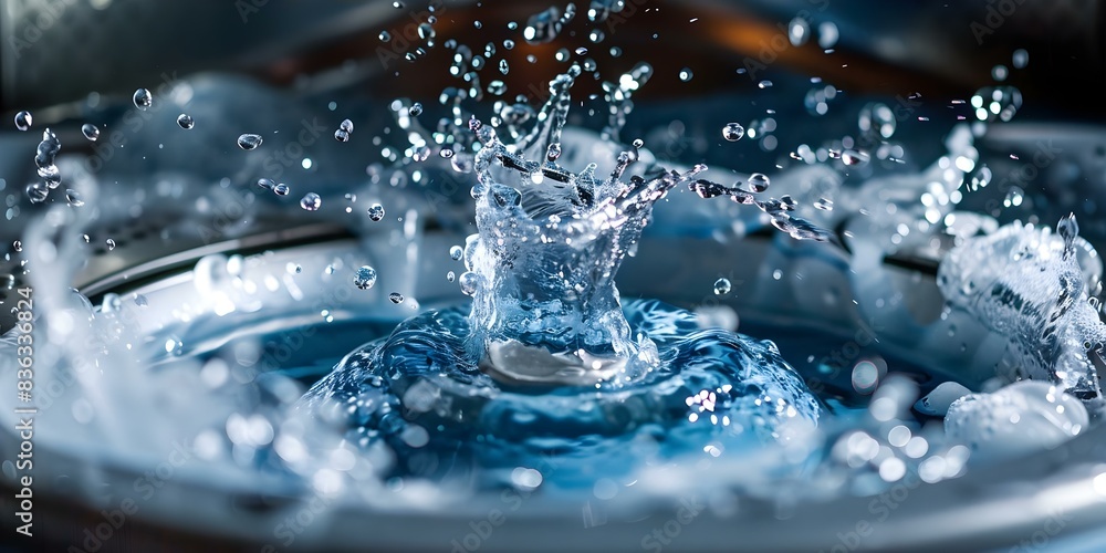 Water splashes in a clean washing machine drum with laundry detergent and clothes A visual exploration. Concept Water Splashes, Clean Washing Machine, Laundry Detergent, Clothes, Visual Exploration Water splashes in a clean washing machine drum with laundry detergent and clothes A visual exploration. Concept Water Splashes, Clean Washing Machine, Laundry Detergent, Clothes, Visual Exploration