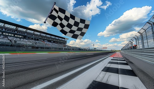  - A high-resolution UHD image showcases a checkered flag fluttering above a race track., The vibrant checkered flag stands tall against the backdrop of the race track in this stunning 4K image. photo