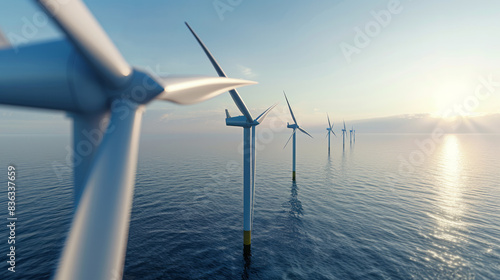 Windmill park in the ocean, drone aerial view of windmill turbines generating green energy electric, windmills isolated at sea in the Netherlands. High quality 4k footage