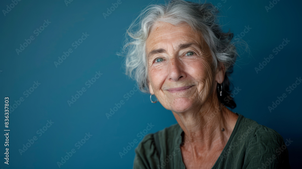 Closeup portrait, headshot happy, smiling, laughing, senior old woman, grandmother, isolated blue background. Positive human emotions, facial expressions, life perception, feelings, attitude, reaction Closeup portrait, headshot happy, smiling, laughing, senior old woman, grandmother, isolated blue background. Positive human emotions, facial expressions, life perception, feelings, attitude, reaction