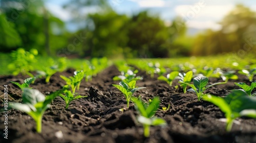 A wide-angle view of fertile soil in a quiet environment, showcasing the beginning of lush greenery in spring. The focus is on delicate seedlings emerging from the rich earth, promising growth 