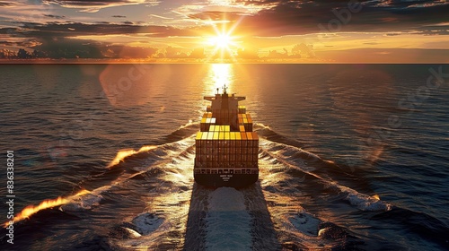 Majestic container ship sails on the horizon at sunset.