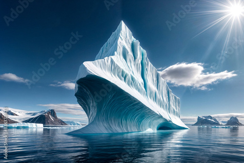 Scenery of big iceberg on water surface view in north ocean, serene scene. Isberg of central composition, blue sky, sea landscape. Hidden threat or danger concept. Gen ai illustration. Copy text space photo