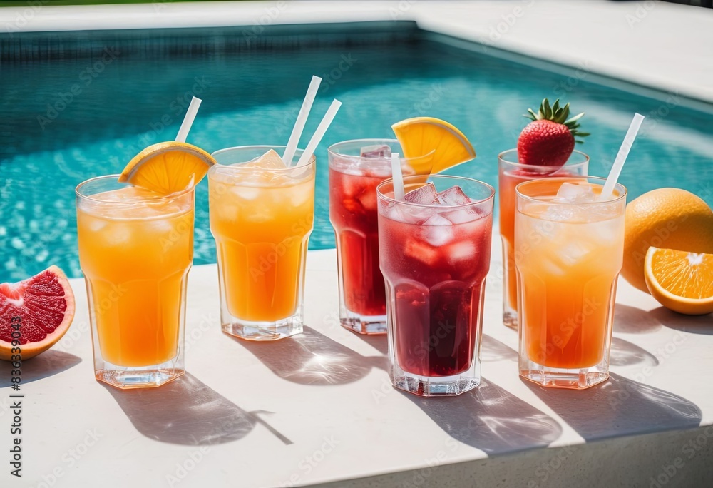Group of colorful cocktails with ice and fruit garnishes sit on a table by the pool on a sunny day Group of colorful cocktails with ice and fruit garnishes sit on a table by the pool on a sunny day