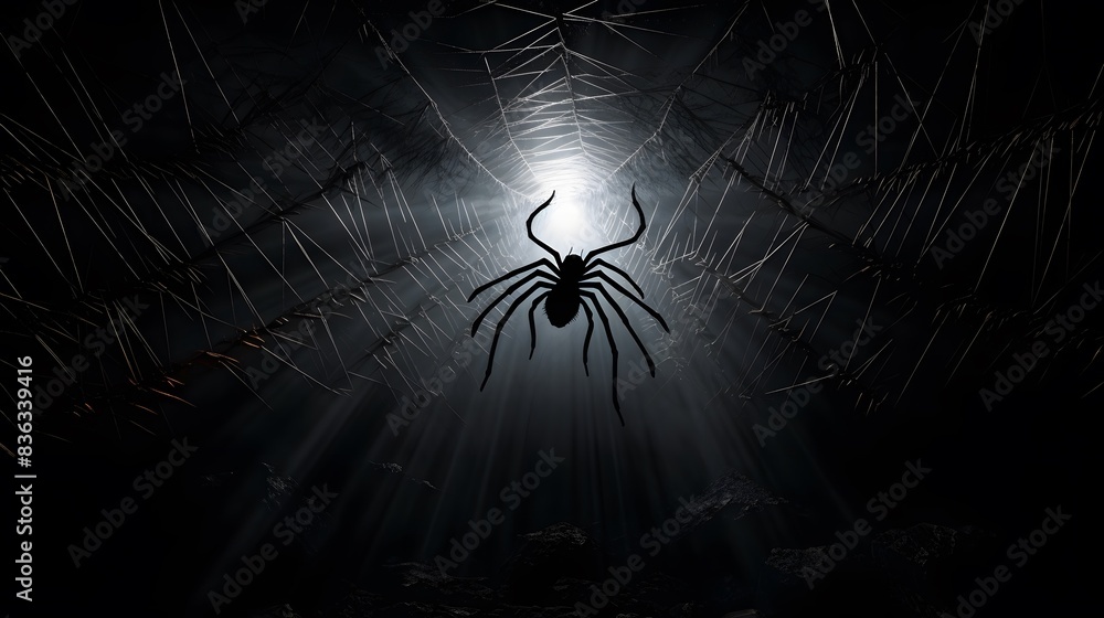 Fototapeta premium Spider web silhouette against black wall - halloween theme dark background. 