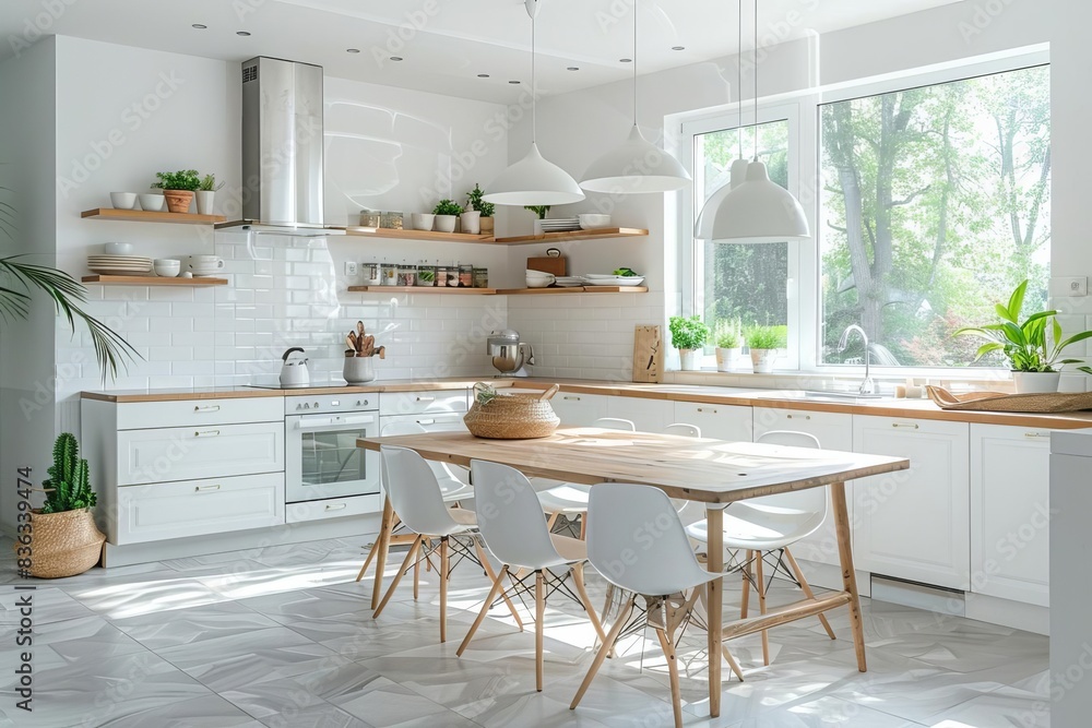 Bright and airy kitchen with white cabinets, wooden table and chairs, and large windows. Bright and airy kitchen with white cabinets, wooden table and chairs, and large windows.