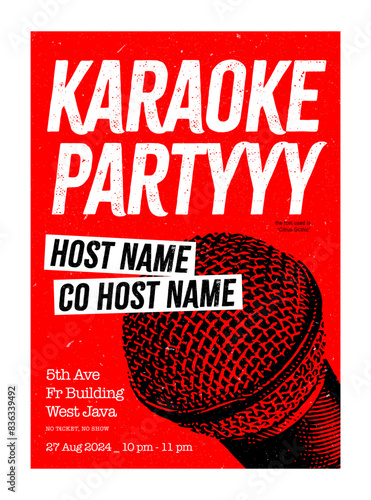 Karaoke party poster, flyer banner design template with microphone red background Vector design, sing night at cafe or club, party event poster design