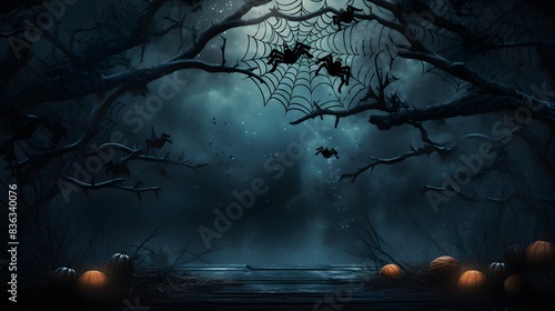 Spider web silhouette against black wall - halloween theme dark background. 