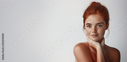 a close-up image of a woman with freckles and a fresh face, embracing her natural look confidently with no makeup, fresh faces, natural looks, no-makeup, with copy space