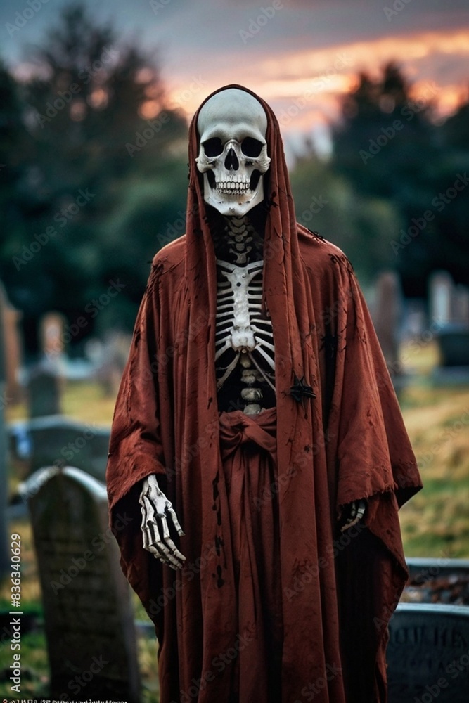 A macabre skeleton figure stands in the graveyard with skeletal frame A macabre skeleton figure stands in the graveyard with skeletal frame