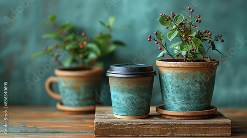 Still life with disposable coffee cups and potted plants on wooden surface