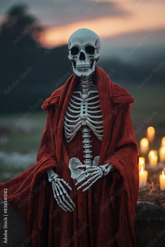 A macabre skeleton figure stands in the graveyard with skeletal frame A macabre skeleton figure stands in the graveyard with skeletal frame