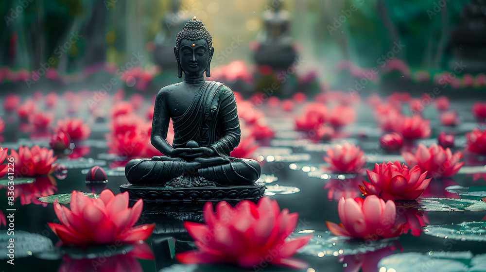 Serene Buddha Statue Amidst Blooming Lotus Flowers: A Tranquil Scene Capturing Spiritual Harmony, Peaceful Reflection, and Natural Beauty in a Mystical Water Garden Wallpaper Digital Art Poster Serene Buddha Statue Amidst Blooming Lotus Flowers: A Tranquil Scene Capturing Spiritual Harmony, Peaceful Reflection, and Natural Beauty in a Mystical Water Garden Wallpaper Digital Art Poster