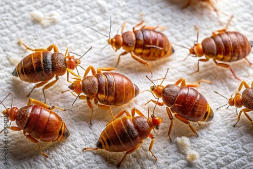 Group of bedbugs invading a surface - Close-up image of multiple bedbugs clustered on a white textured fabric, possibly indicating an infestation photo