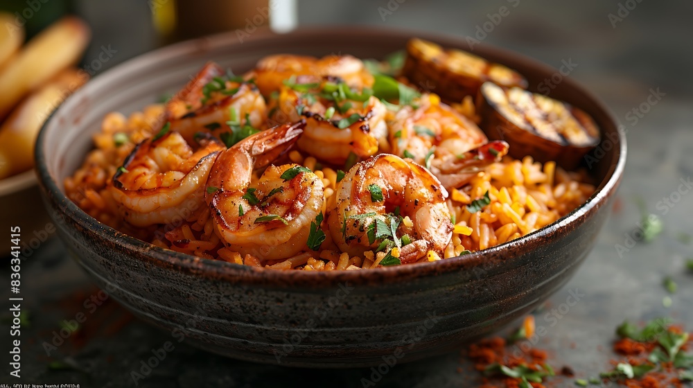 A gourmet serving of jollof rice, featuring perfectly cooked rice with a rich tomato base, garnished with fresh herbs. A gourmet serving of jollof rice, featuring perfectly cooked rice with a rich tomato base, garnished with fresh herbs.