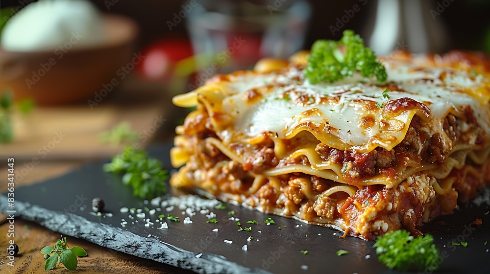 A gourmet serving of lasagna, with layers of pasta, rich meat sauce, béchamel, and melted cheese, garnished with fresh herbs. A gourmet serving of lasagna, with layers of pasta, rich meat sauce, béchamel, and melted cheese, garnished with fresh herbs.