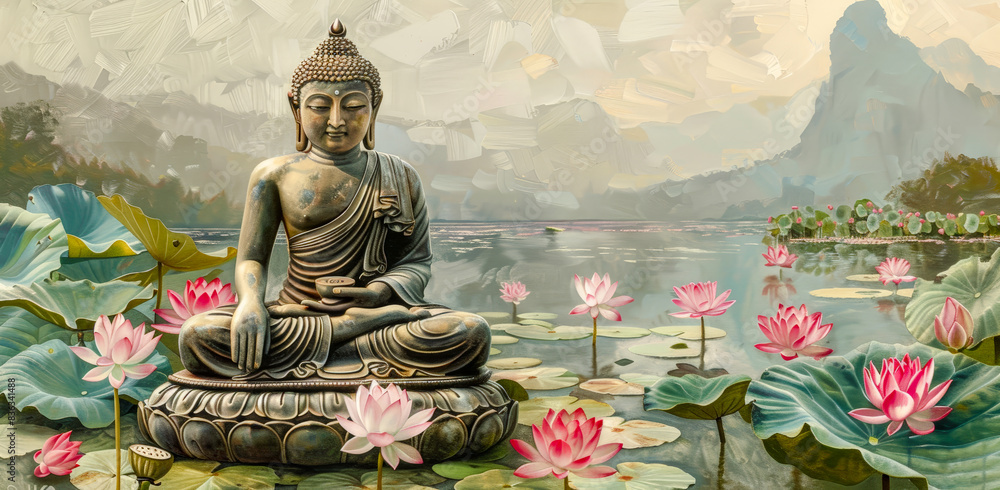 Fototapeta premium Serene Buddha Statue Amidst Blooming Lotus Flowers: A Tranquil Scene Capturing Spiritual Harmony, Peaceful Reflection, and Natural Beauty in a Mystical Water Garden Wallpaper Digital Art Poster 
