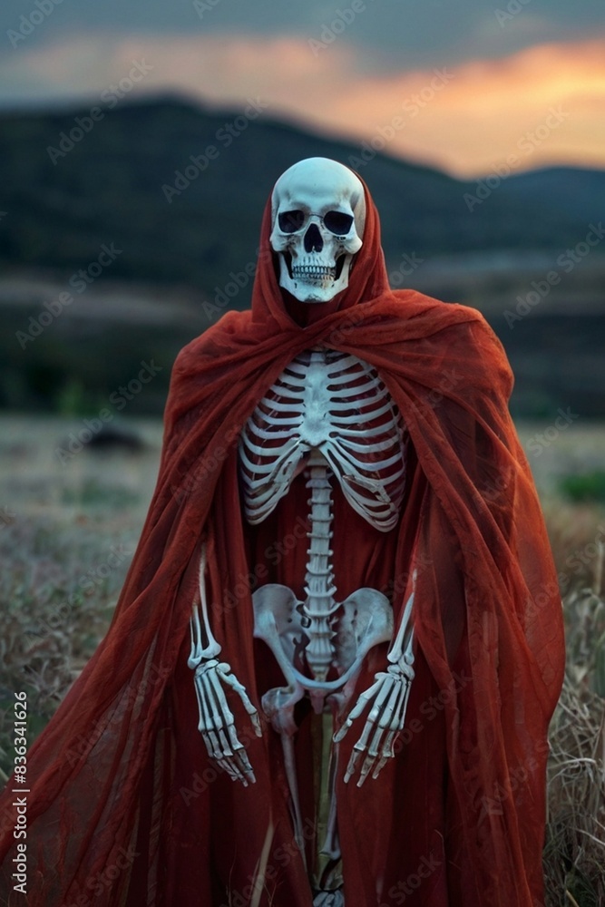 A macabre skeleton figure stands in the graveyard with skeletal frame A macabre skeleton figure stands in the graveyard with skeletal frame