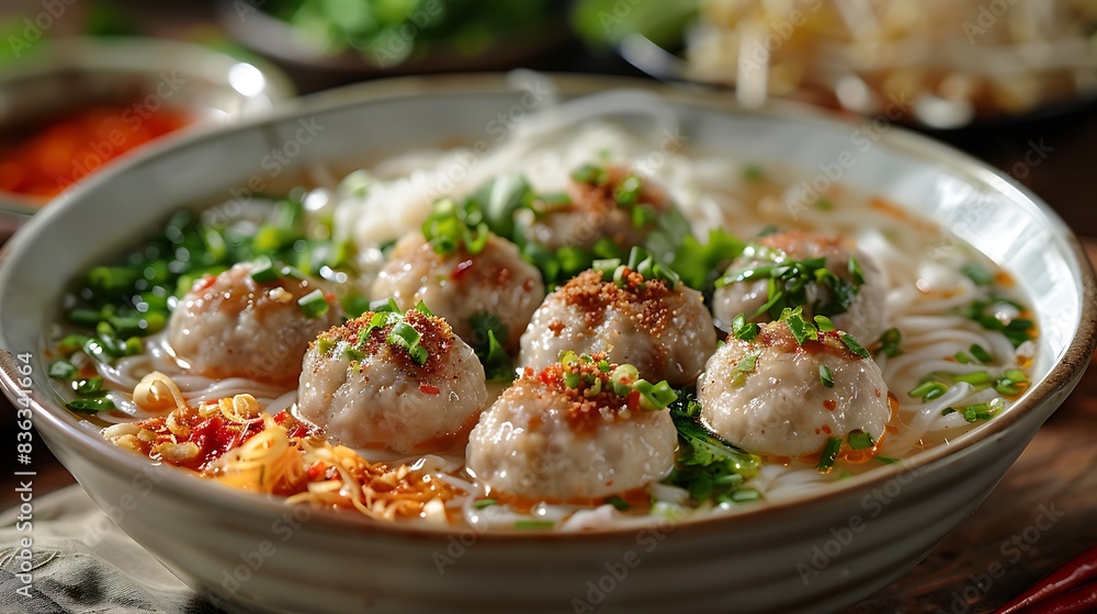 A gourmet version of bakso, featuring meatballs, noodles, and vegetables in a rich broth, garnished with fresh cilantro and fried shallots. A gourmet version of bakso, featuring meatballs, noodles, and vegetables in a rich broth, garnished with fresh cilantro and fried shallots.