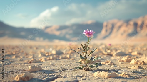 A single flower blooming amidst a desolate desert landscape. 8k  realistic  full ultra HD  high resolution and cinematic photography