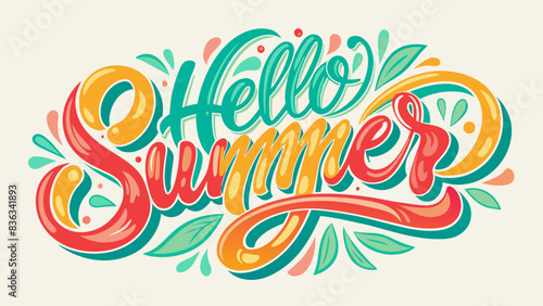 Word text Hello Summer, vibrant and colorful retro style. graphic illustration, summer-themed designs, greeting cards, t-shirts, posters, or social media posts celebrating arrival of the warm season