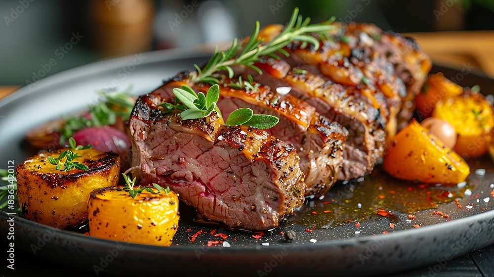 A gourmet version of roast lamb, featuring tender lamb slices, garnished with fresh rosemary and mint, served with a side of mint sauce and roasted vegetables. A gourmet version of roast lamb, featuring tender lamb slices, garnished with fresh rosemary and mint, served with a side of mint sauce and roasted vegetables.