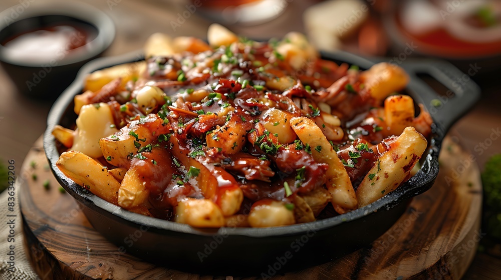 A hearty serving of pulled pork poutine, with tender pulled pork, crispy fries, and melted cheese curds, all drenched in a savory gravy. A hearty serving of pulled pork poutine, with tender pulled pork, crispy fries, and melted cheese curds, all drenched in a savory gravy.