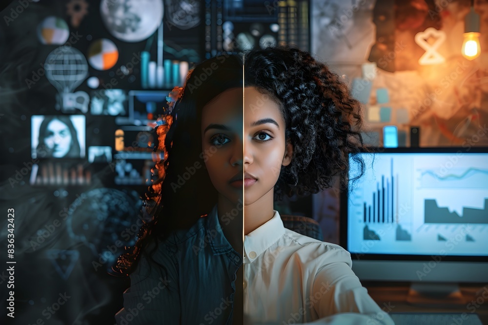Determined Businesswoman Portrait with Computer Screen and Mood Board of Determined Businesswoman Portrait with Computer Screen and Mood Board of