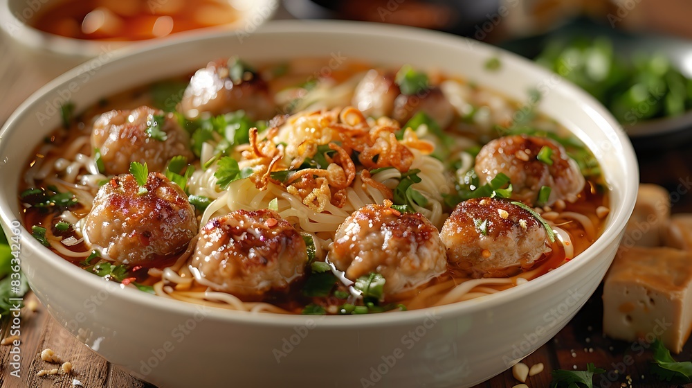 A plate of bakso with a rich broth, tender meatballs, noodles, and tofu, garnished with fresh cilantro and fried shallots. A plate of bakso with a rich broth, tender meatballs, noodles, and tofu, garnished with fresh cilantro and fried shallots.