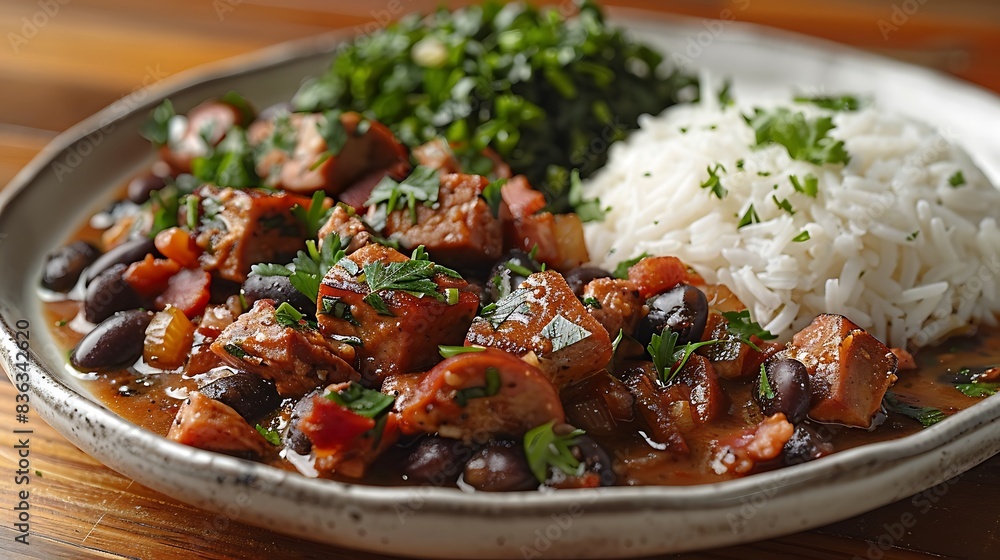 A plate of feijoada with a rich black bean stew, tender pork, sausage, and bacon, garnished with fresh parsley. A plate of feijoada with a rich black bean stew, tender pork, sausage, and bacon, garnished with fresh parsley.