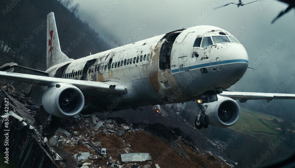 Obraz premium A damaged airplane crashes into a mountainside during a stormy weather event