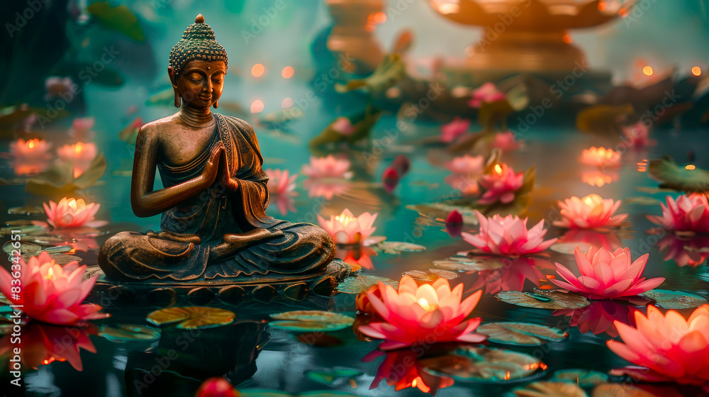 Serene Buddha Statue Amidst Blooming Lotus Flowers: A Tranquil Scene Capturing Spiritual Harmony, Peaceful Reflection, and Natural Beauty in a Mystical Water Garden Wallpaper Digital Art Poster Serene Buddha Statue Amidst Blooming Lotus Flowers: A Tranquil Scene Capturing Spiritual Harmony, Peaceful Reflection, and Natural Beauty in a Mystical Water Garden Wallpaper Digital Art Poster