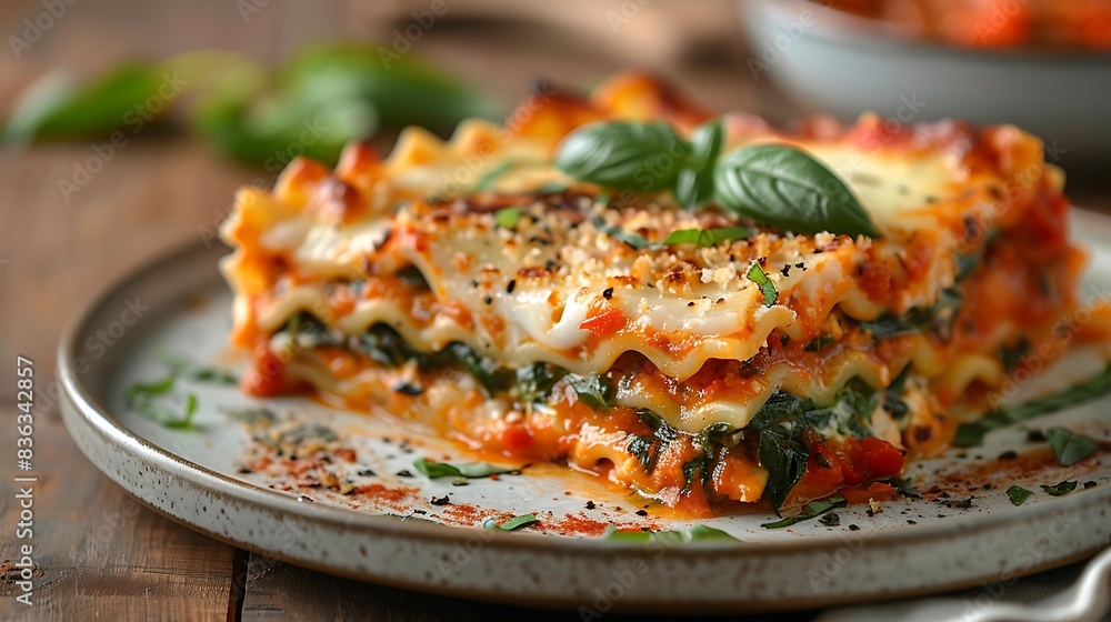 A plate of lasagna with layers of pasta, spinach, ricotta, and tomato sauce, topped with melted mozzarella and garnished with basil leaves. A plate of lasagna with layers of pasta, spinach, ricotta, and tomato sauce, topped with melted mozzarella and garnished with basil leaves.