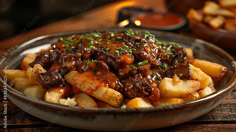 A plate of poutine with crispy fries, cheese curds, and a hearty beef gravy, garnished with chopped green onions. A plate of poutine with crispy fries, cheese curds, and a hearty beef gravy, garnished with chopped green onions.