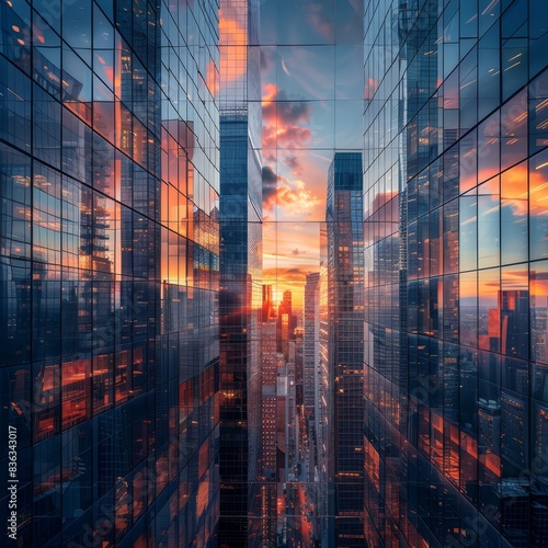 Capturing the essence of a city through high-rise buildings at sunset  dynamic reflections  and dramatic clouds