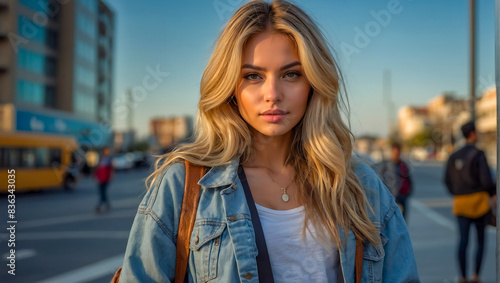 Stunning portrait of a beautiful woman influencer and model with blonde hair highlights