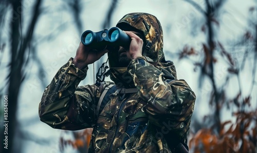 A man wearing camouflage gear uses binoculars during a bowhunting expedition. photo