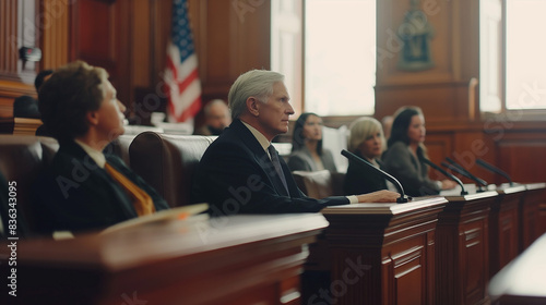 Depiction of a politician on trial in a formal courtroom setting. photo