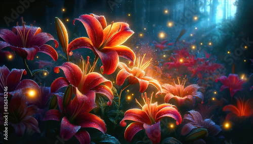 Fantastic garden with flowers 1. Dew covered lilies with mystical mysterious light in the garden at night photo