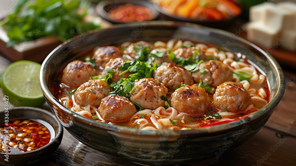 A rustic serving of bakso, featuring tender meatballs, noodles, and tofu in a flavorful broth, garnished with fresh herbs. A rustic serving of bakso, featuring tender meatballs, noodles, and tofu in a flavorful broth, garnished with fresh herbs.