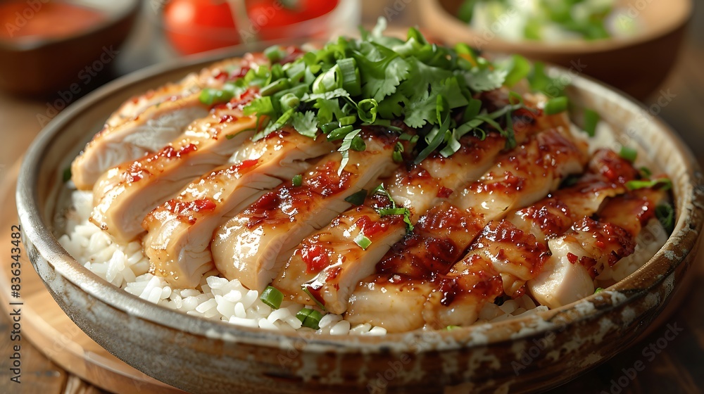 A rustic serving of chicken rice, featuring tender poached chicken slices on fragrant oily rice, garnished with fresh cilantro. A rustic serving of chicken rice, featuring tender poached chicken slices on fragrant oily rice, garnished with fresh cilantro.