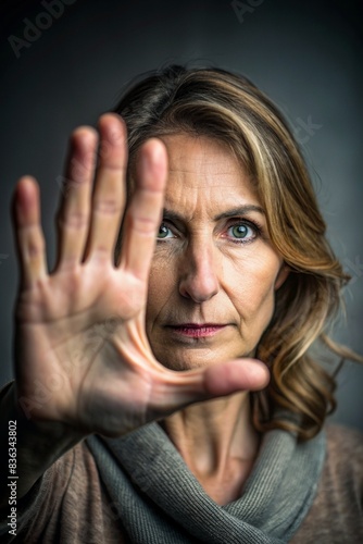 portrait of a 36-year-old woman who puts her hand out with her palm forward covering her face