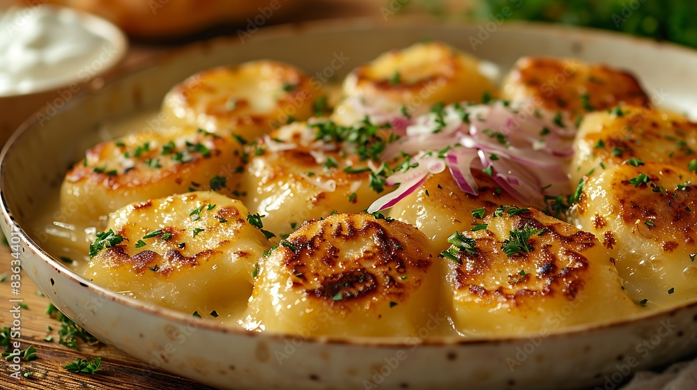 A rustic serving of pierogi, featuring golden-brown dumplings filled with savory potatoes and cheese, garnished with sautéed onions and fresh parsley. A rustic serving of pierogi, featuring golden-brown dumplings filled with savory potatoes and cheese, garnished with sautéed onions and fresh parsley.