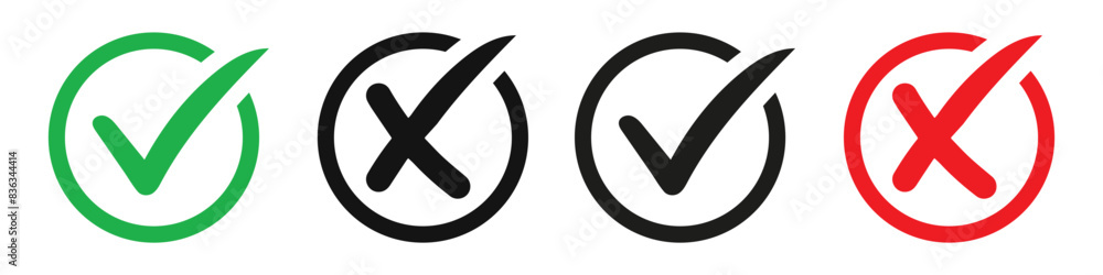 check mark icon button set. check box icon with right and wrong buttons and yes or no check-mark icons in green tick box and red cross. check mark icon button set. check box icon with right and wrong buttons and yes or no check-mark icons in green tick box and red cross.