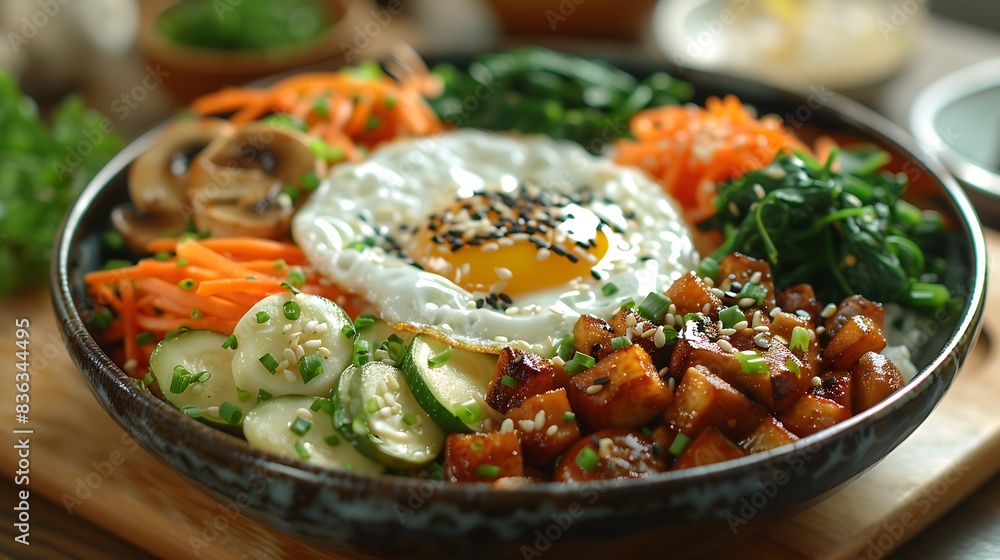 A serving of vegetarian bibimbap, featuring a variety of fresh vegetables like zucchini, mushrooms, carrots, and spinach, arranged beautifully on steamed rice and topped with a fried egg. A serving of vegetarian bibimbap, featuring a variety of fresh vegetables like zucchini, mushrooms, carrots, and spinach, arranged beautifully on steamed rice and topped with a fried egg.