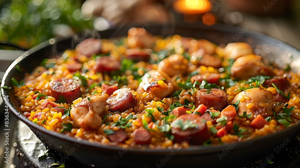 A simple yet delicious paella with chorizo and chicken, the saffron rice glowing warmly in the evening light. A simple yet delicious paella with chorizo and chicken, the saffron rice glowing warmly in the evening light.