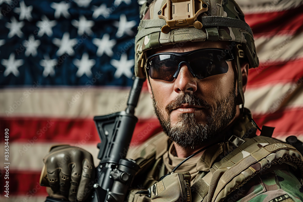 Military soldier on US flag background Military soldier on US flag background